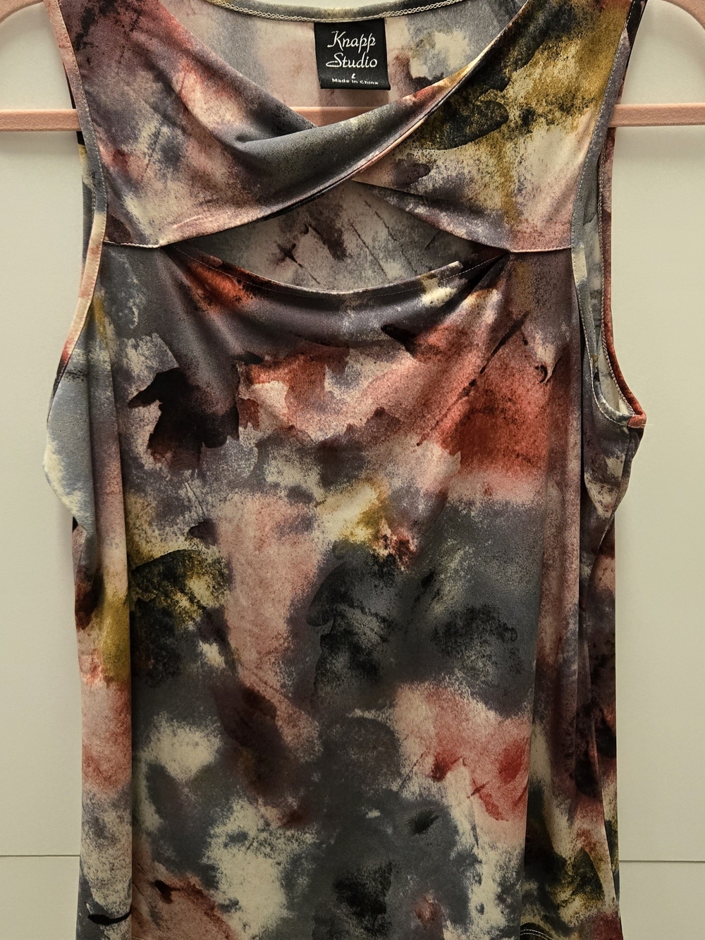 Knapp Studio Multicolor Watercolor Cowl Sleeveless Blouse Peek-a-boo Front Sz L